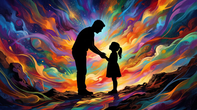 Adult and child silhouettes facing each other in a vivid abstract landscape, inner child healing concept, emotional connection, psychology, self-discovery, mental health and personal growth.