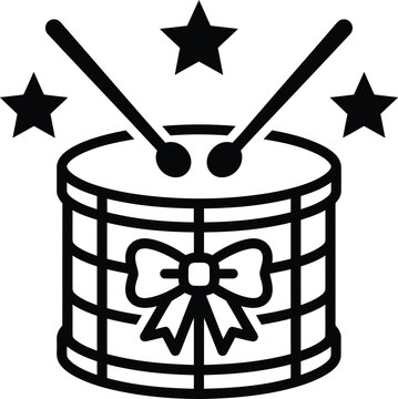 Black silhouette of a drum with bow and drumsticks on a white background