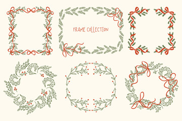 Fototapeta premium Hand drawn Christmas frames and wreaths with red ribbon bows, holly, fir branches and berries in green and red line art. Cozy vintage holiday borders on a cream background