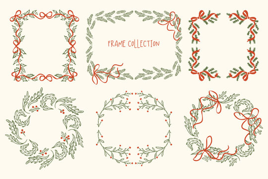 Hand drawn Christmas frames and wreaths with red ribbon bows, holly, fir branches and berries in green and red line art. Cozy vintage holiday borders on a cream background