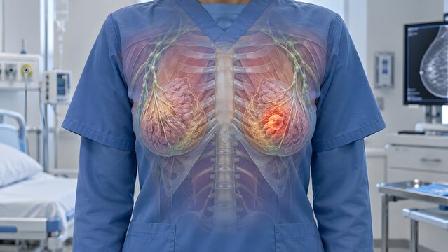 Medical concept of breast cancer screening showing inflamed breast tissue with red highlight