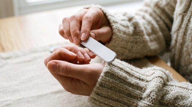 Woman filing fingernails with a nail file wearing a cozy knitted