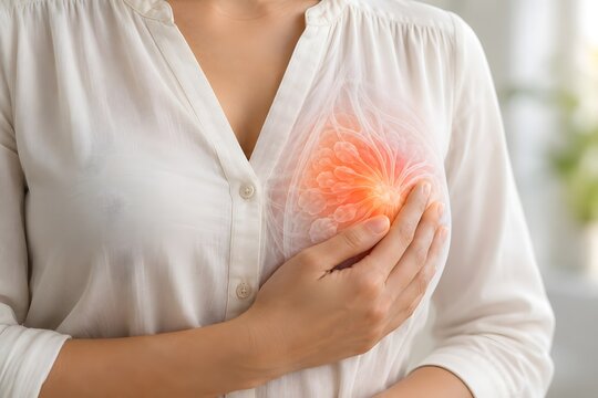 Close up of woman touching painful chest with red highlighted breast inflammation overlay