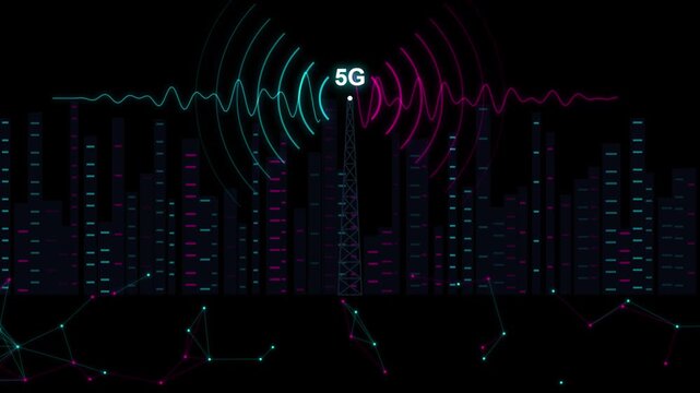 5 g network signal tower animation with digital city skyline and data connectivity waves technology telecommunications