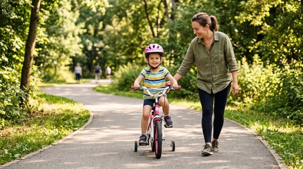 Fototapeta premium Mother teaching her daughter to ride a bicycle on a sunny park path with trees and other people walking in the background