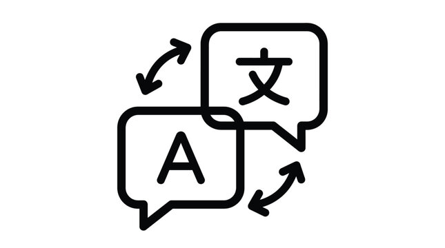 Translation icon featuring bold black speech bubbles with alphanumeric symbols connected by rotating directional arrows design