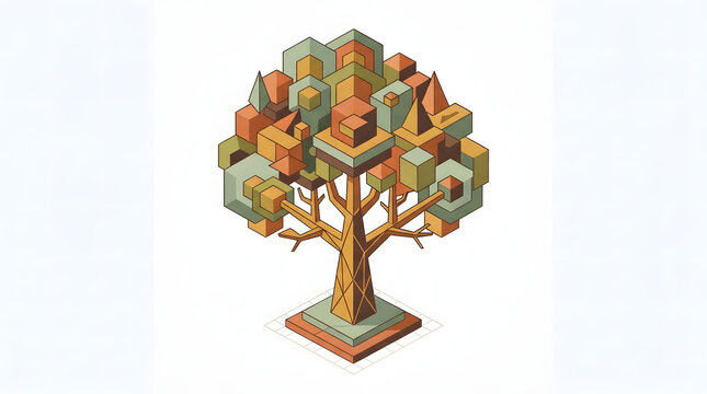 Isometric tree graphic made of geometric shapes isolated on a