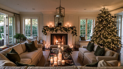 Obraz premium Cozy Christmas living room interior with a fireplace, illuminated tree, candles, and holiday decor creating a warm ambiance