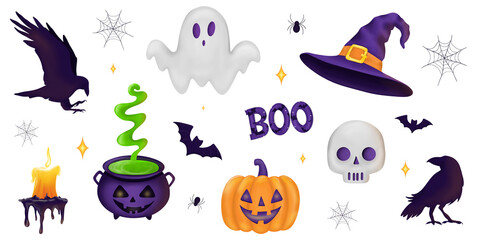 Obraz premium Halloween hand drawn clipart set with pumpkin ghost witch hat raven skull cauldron candle bats web boo text for invitations party stickers sublimation PNG isolated on transparent background