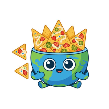A cute cartoon Earth character holding a bowl of nachos with cheese, jalape&ntilde;os, and tomatoes, with extra chips on the side.