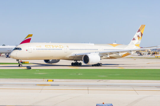 Etihad Airways Airbus A350 passenger airliner on taxiway at Chicago O'Hare Airport US 20.08.2026
