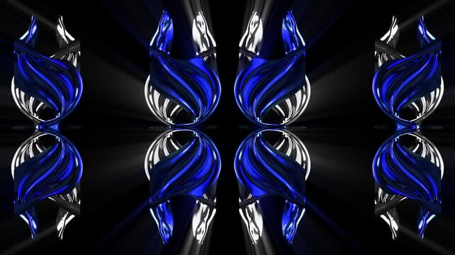 Twisting blue and silver liquid metal columns with light rays, symmetrical VJ loop for corporate stage screen