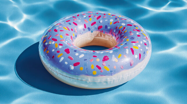 Inflatable circle donut in the pool. Clear blue water in the pool. Relax in the backyard of a country house