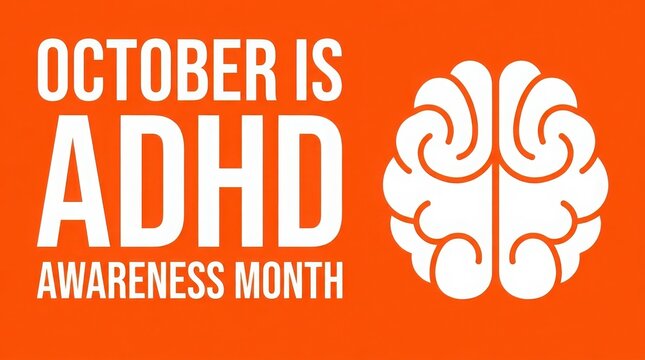 October is adhd awareness month banner with white brain icon on orange background