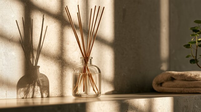 Glass reed diffuser casting a strong shadow on a stone wall. Aromatherapy home fragrance bottle with wooden sticks in bright sunlight. Copy space