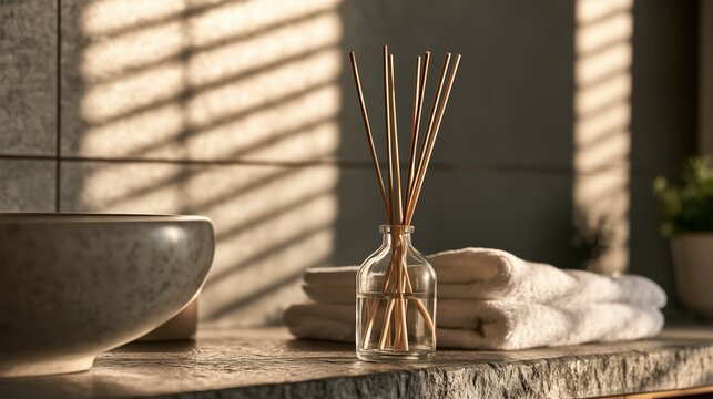 Clear glass reed diffuser with wooden sticks on a stone surface. Home fragrance and aromatherapy setup with folded white towels and strong window blind shadows. Copy space