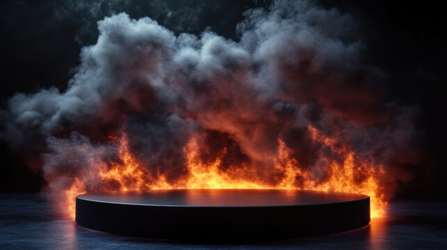 black podium with dramatic scene of fire and smoke rising