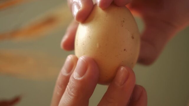 Bottom view of cracking a raw chicken egg into clear bowl, macro shot