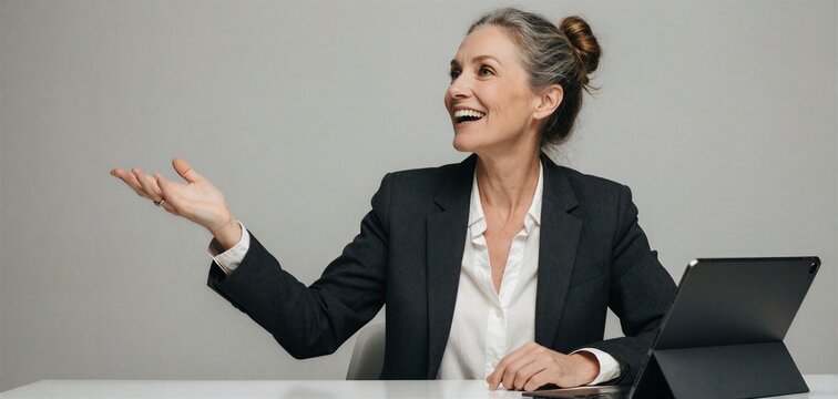 Energetic mid-40s professional woman in a blazer happily gesturing while presenting a New Year gift, showcasing enthusiasm and success.
