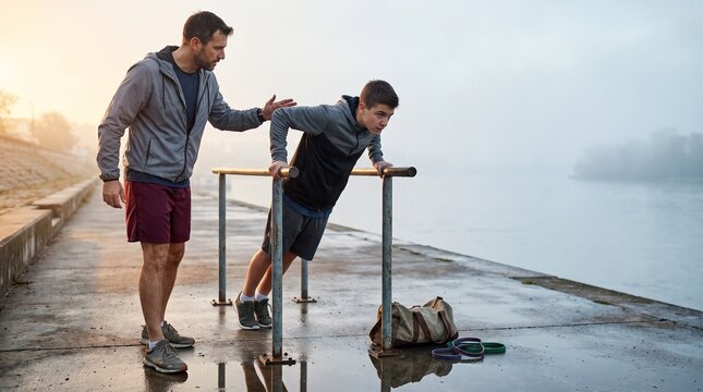 Father Coaching Son During Outdoor Parallel Bar Workout