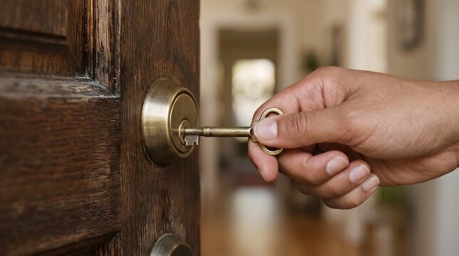 Close-up of hand inserting key into lock on wooden door of a home, symbolizing security and homeownership