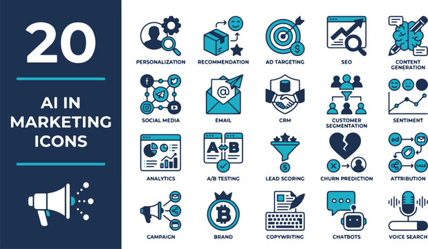 AI in marketing icon set. Features symbols for personalization, SEO, chatbots, and consumer segmentation. Solid vector icons for digital strategy and automated business campaigns.