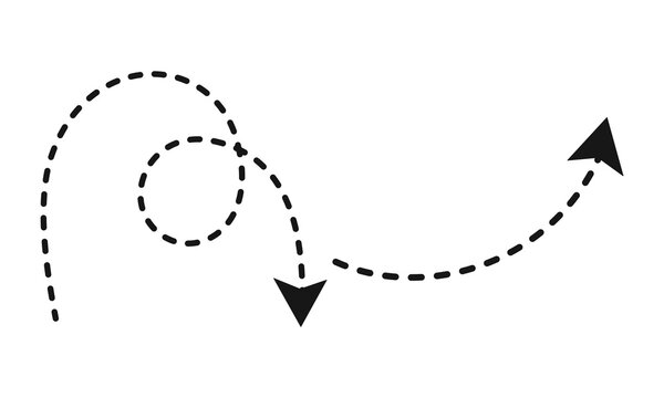 Swirling dashed arrow in black, creating a spiral motion and indicating a turning direction, perfect for creative design assets.