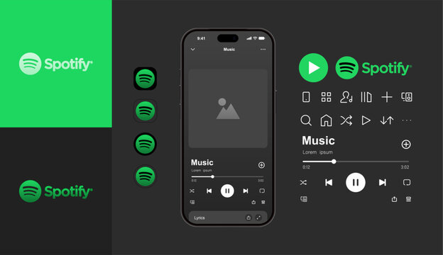 Spotify music app mockup template on iPhone 18 Pro screen. Realistic smartphone screen displaying the Spotify interface