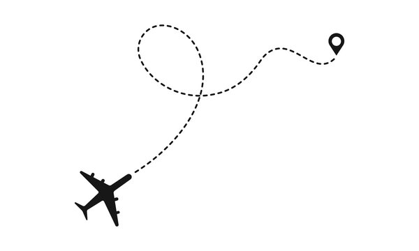 Airplane icon with dotted line flight path and destination pin for travel and aviation concepts.