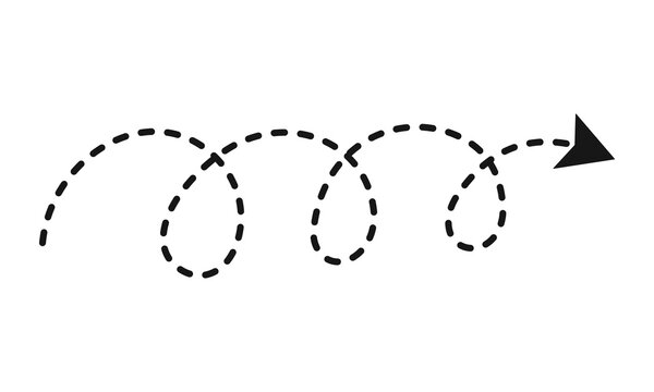 Dashed spiral arrow pointing right, symbolizing movement, direction, and progression, black isolated on white background.