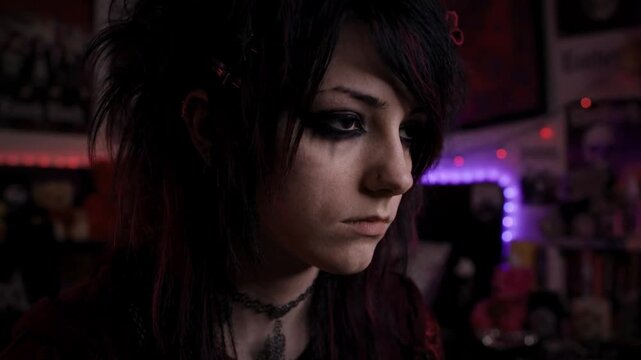 Gothic punk woman with emo hair sitting in a dark decorated room