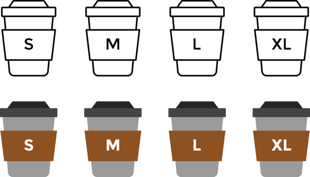 Paper coffee cup size icon set. small medium large extra large takeaway beverage symbols. hot drink cup size S, M, L, XL sign vector