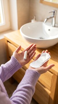 Close-Up of Woman's Hands in Lavender Sweater Holding Menstrual Period Pad and Wrapper in Home Bathroom, Women's Health, Feminine Hygiene, Menstruation and Period Care Concept