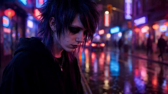 Punk style gothic person with emo look in neon lights
