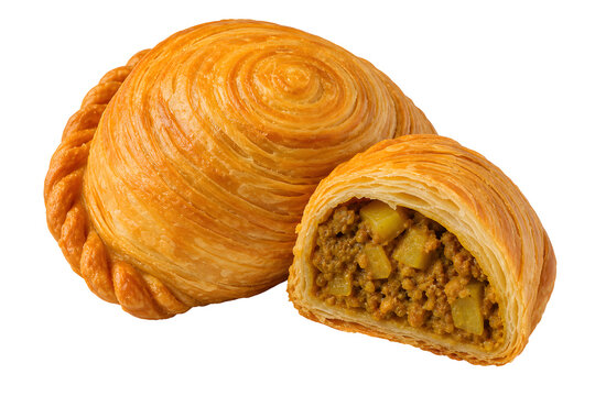 Malaysian spiral curry puff with dramatic concentric flaky layers Isolated on White Background