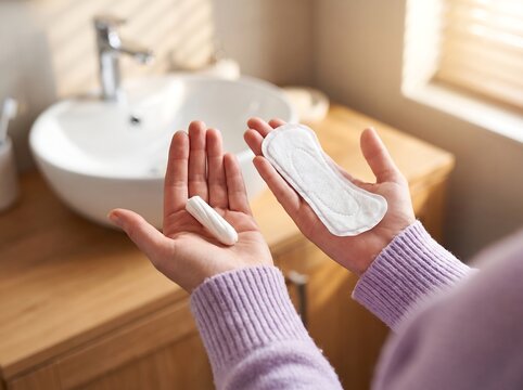 Close-up of woman holding tampon and sanitary pad in hands while standing in a bathroom, choosing feminine hygiene products for menstrual care and period protection.