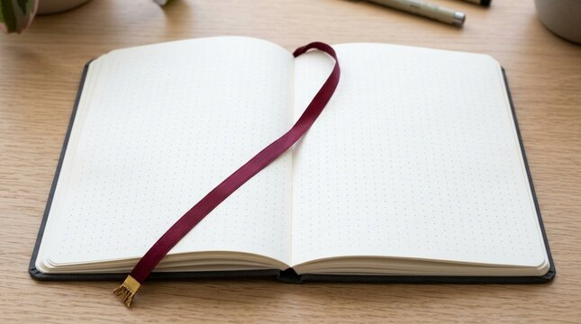 Blank Bullet Journal Open on Desk with Pen and Plants