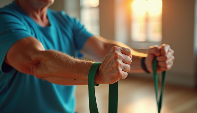 Senior man exercising with resistance bands in bright indoor space, focusing on strength training and fitness. Resistance bands promote healthy lifestyle and physical activity for older adults.
