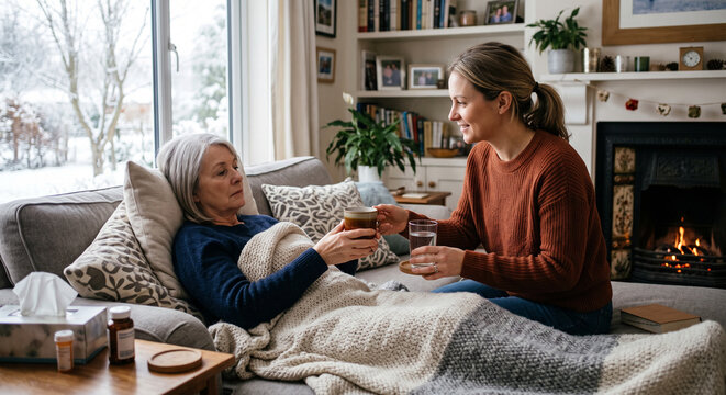 Daughter comforting sick senior mother lying on sofa at home holding hot tea cup during winter season