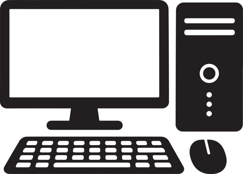 Desktop computer setup icon black silhouette for office workstation and technology design.