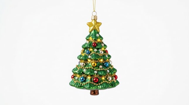 A festive Christmas tree ornament with a star on top, adorned with colorful beads and ornaments, hanging against a plain background.
