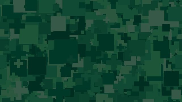 Green digital camouflage pattern shifting shapes, military tactical background, seamless loop motion