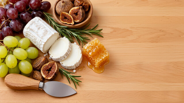 Fresh Goat Cheese Log with Honeycomb, Grapes, and Dried Figs on Wooden Table with Copy Space   