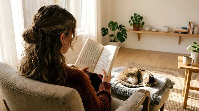 Young woman sitting in a cozy armchair reading a book while a tabby cat sleeps on her lap in a bright sunlit modern living room with house plants and a serene minimalist interior design scene