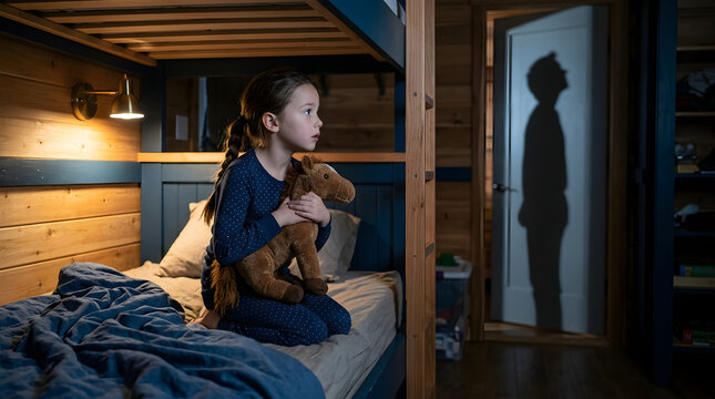 Scared girl, bedroom and shadow on door at night for fear, nightmare and childhood anxiety. Little kid, toy horse and bunk bed in home with dark room, suspense and horror feeling for parenting help