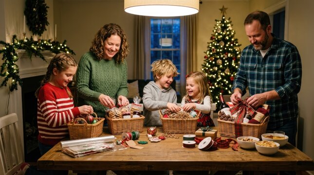 A family of four is gathered around a table, wrapping gifts for Christmas. The scene is set in a cozy, warmly lit room with a decorated Christmas tree in the background.