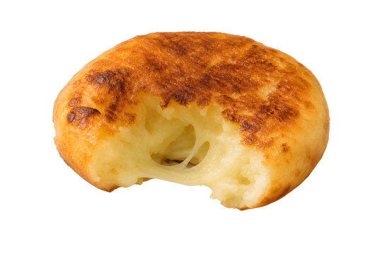 Japanese potato imo mochi cake with browned round exterior and stretch Isolated on White Background
