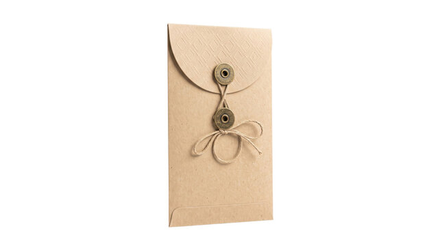 Rustic kraft paper envelope, a charming brown stationery item with string and button closure, perfect for invitations or gift cards, isolated on white.