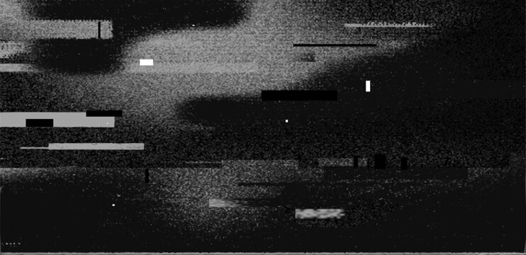 Broken transmission error noise overlay, grey CCTV security camera static with glitch blocks, grain of retro analog TV snow and vintage CRT distortion texture on dark background vector