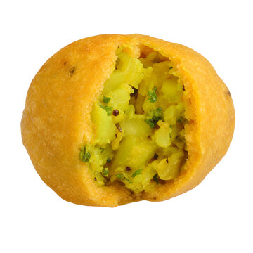 Aloo bonda, round golden chickpea-batter fritter cut open showing vivi Isolated on White Background